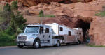M2 Freightliner towing Cimarron horse trailer thru Redrocks
