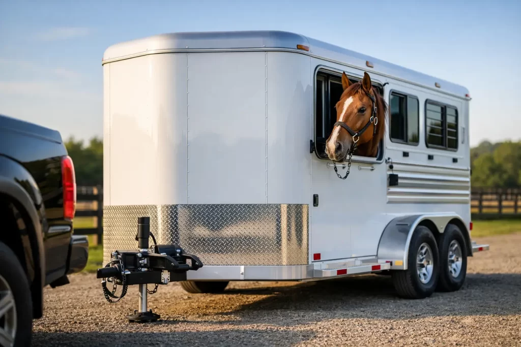 Horse peering out of a window of a white horse trailer hitched to a black pickup on a gravel lot, with diamond-plate tongue guard visible in front.