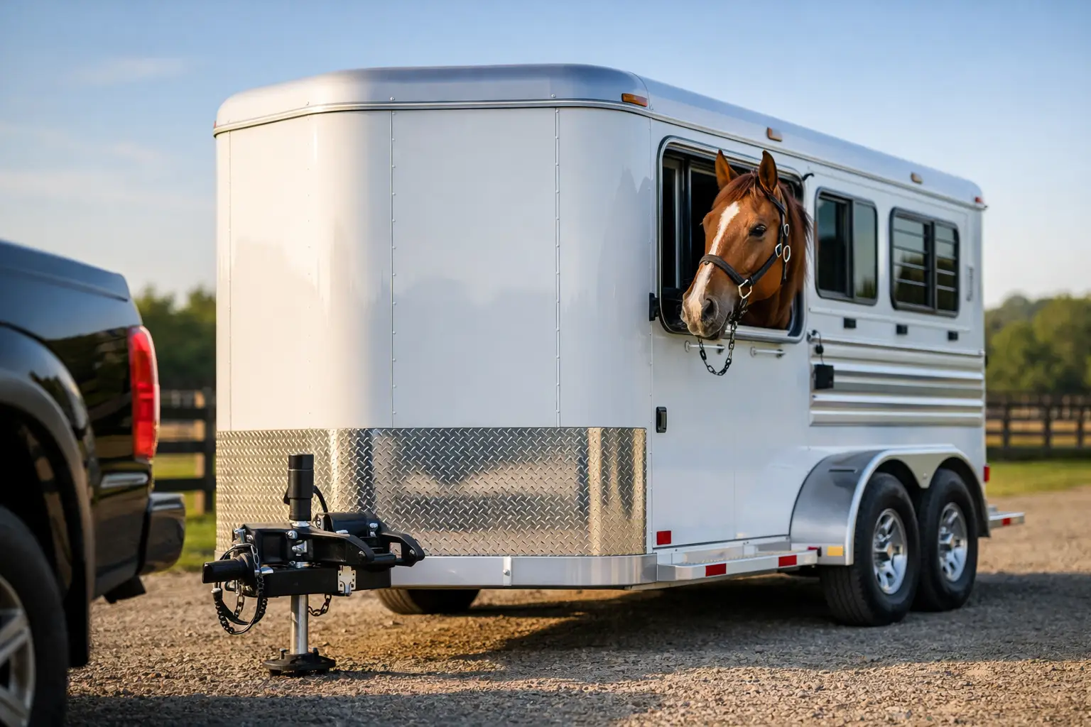 Horse peering out of a window of a white horse trailer hitched to a black pickup on a gravel lot, with diamond-plate tongue guard visible in front.