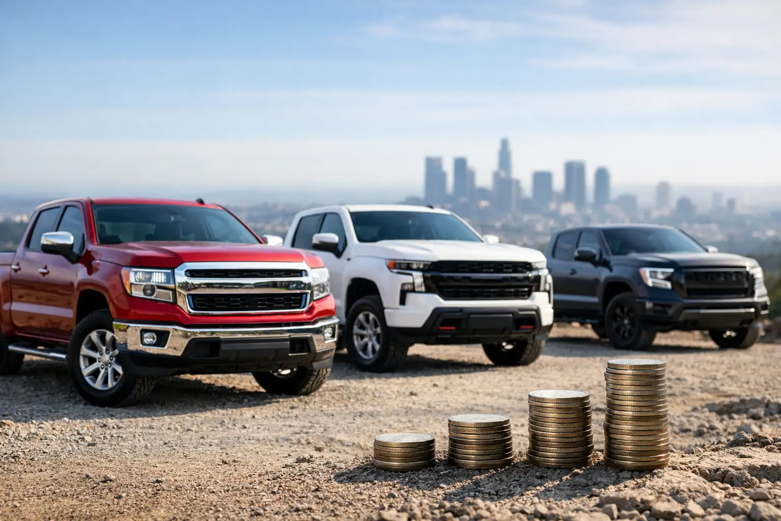 Red, white, and gray pickup trucks parked on a dusty lot with coin stacks in the foreground and a city skyline in the distance.|