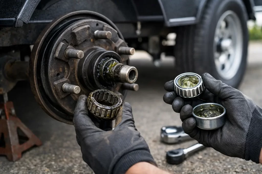 Mechanic wearing gloves greasing the wheel hub and bearings during maintenance on a vehicle side view photo
