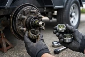 Mechanic wearing gloves greasing the wheel hub and bearings during maintenance on a vehicle side view photo