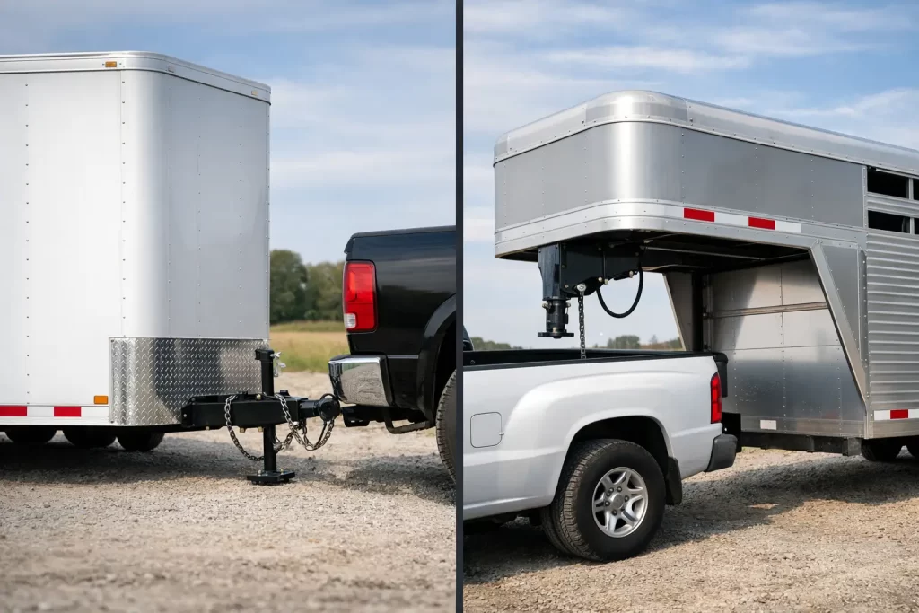 Bumper Pull vs Gooseneck Trailer Differences Pickup truck towing advice reviews accessories and safety tips Bumper Pull vs Gooseneck Trailer Differences