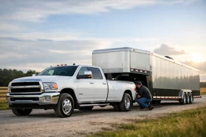 White pickup truck with a large silver enclosed trailer hitched to it parked on a rural dirt road at sunset A man kneels by the rear wheel working on the hitch