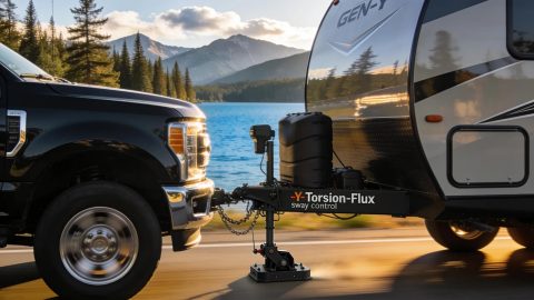 Gen-Y Torsion-Flex hitch towing a trailer with pickup truck in a scenic outdoor setting
