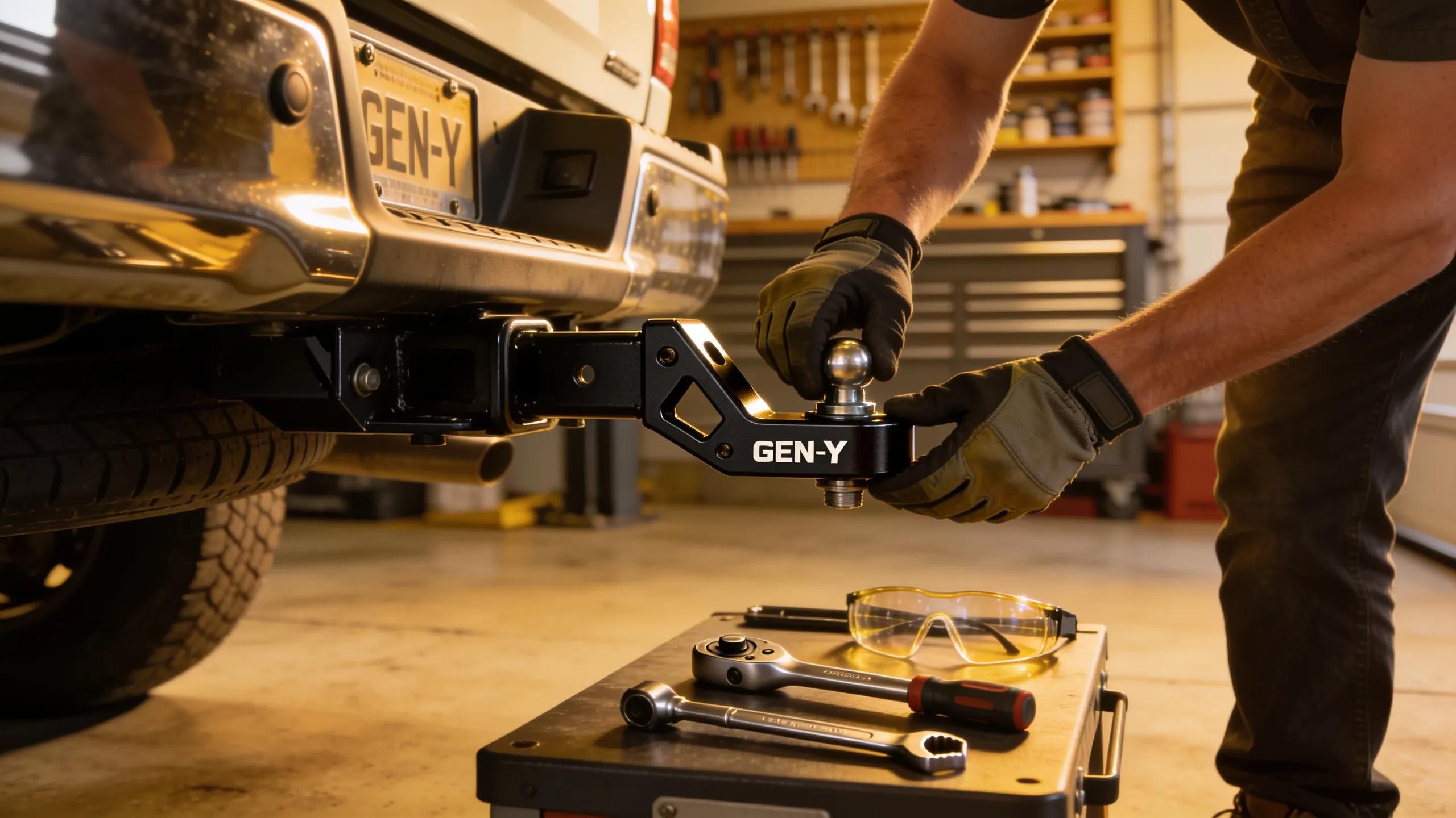 997c7233f3e04c108e3b4d126f4eca2cwebp Pickup truck towing advice reviews accessories and safety tips User installing Gen Y adjustable hitch on pickup truck in a garage setting